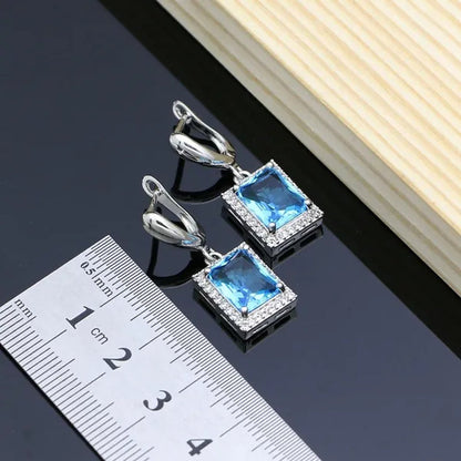 Square Sky Blue Topaz 925 Sterling Silver Jewelry Sets for Women Earrings/Pendant/Necklace/Rings/Bracelet