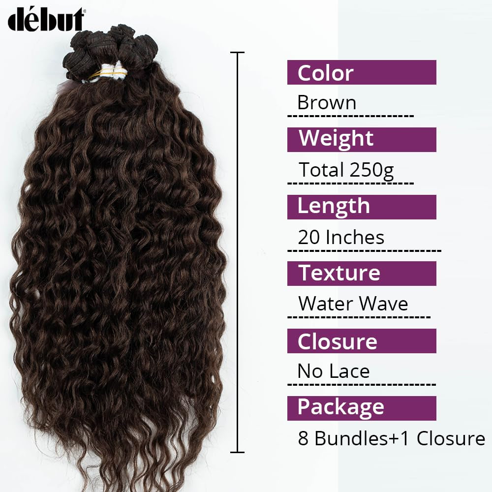 Synthetic Hair 8 Bundles with Simple Closure Water Wave High Temperature Fiber Wavy Hair Weave 9PCS 20 Inches 240G Brown