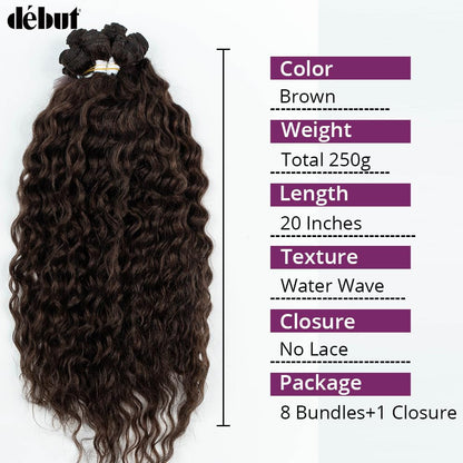 Synthetic Hair 8 Bundles with Simple Closure Water Wave High Temperature Fiber Wavy Hair Weave 9PCS 20 Inches 240G Brown