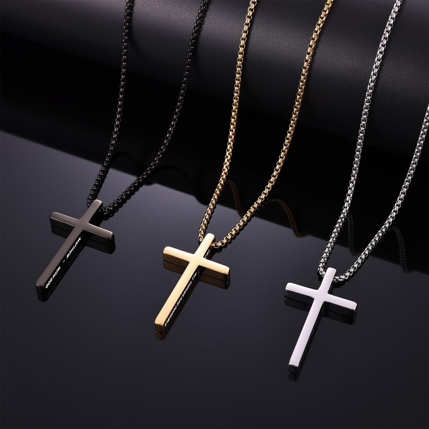 Cross Necklace for Men, Inspirational Bible Verse Cross Chain for Men, Stainless Steel Box Necklace, Religious Christian Jewelry Gift