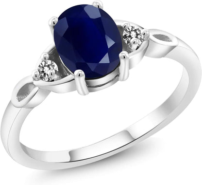 925 Sterling Silver Blue Sapphire and White Diamond Ring | 3-Stone Ring for Women | 1.87 Cttw | Gemstone September Birthstone | Oval 8X6MM | Available in Size 5, 6, 7, 8, 9 - WORLD TIME VISITS