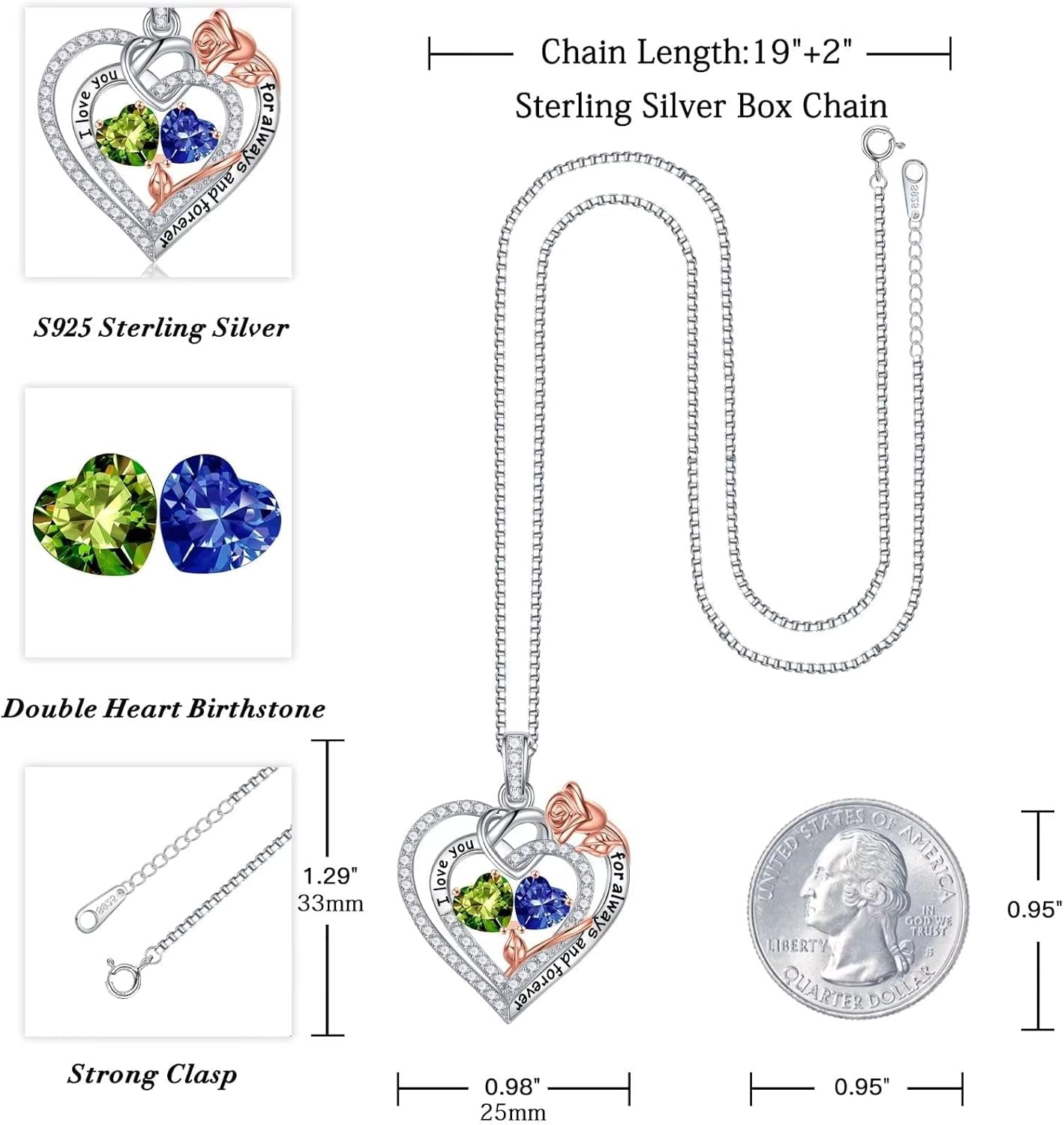Rose Heart Necklace Gifts for Wife Women - 925 Sterling Silver Double Birthstone Necklace, Anniversary Birthday Gifts for Women, Jewelry Gifts for Wife Girlfriend Mom Her