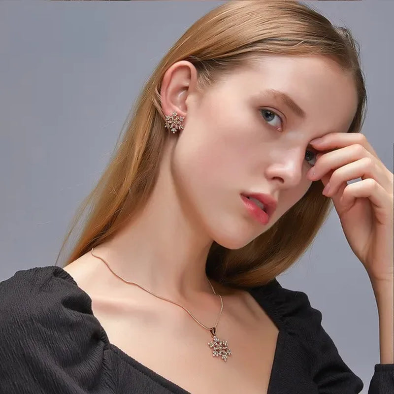 2Pcs/Set New Set of Jewellery Temperament Simple Full Diamond Snowflake Necklace Snowflake Earrings Valentine'S Day Gift