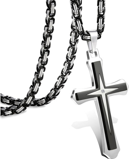 Black 14K Gold Plated 𝐂𝐫𝐨𝐬𝐬 𝐍𝐞𝐜𝐤𝐥𝐚𝐜𝐞 for Men Stainless Steel 𝐁𝐲𝐳𝐚𝐧𝐭𝐢𝐧𝐞 Chain with Cross Pendant Necklace 𝐌𝐞𝐧𝐬 𝐆𝐢𝐟𝐭 22-30Inch