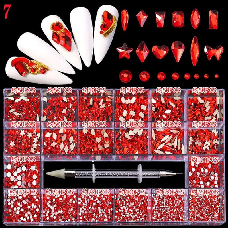 3000Pcs/Box Mixed AB Glass Crystal Diamond In Grids 21 Shape and  Flatback Nail Art Rhinestone Set with 1 Pick Up Pen