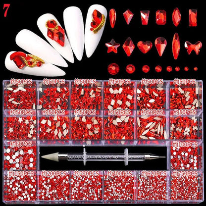 3000Pcs/Box Mixed AB Glass Crystal Diamond In Grids 21 Shape and  Flatback Nail Art Rhinestone Set with 1 Pick Up Pen