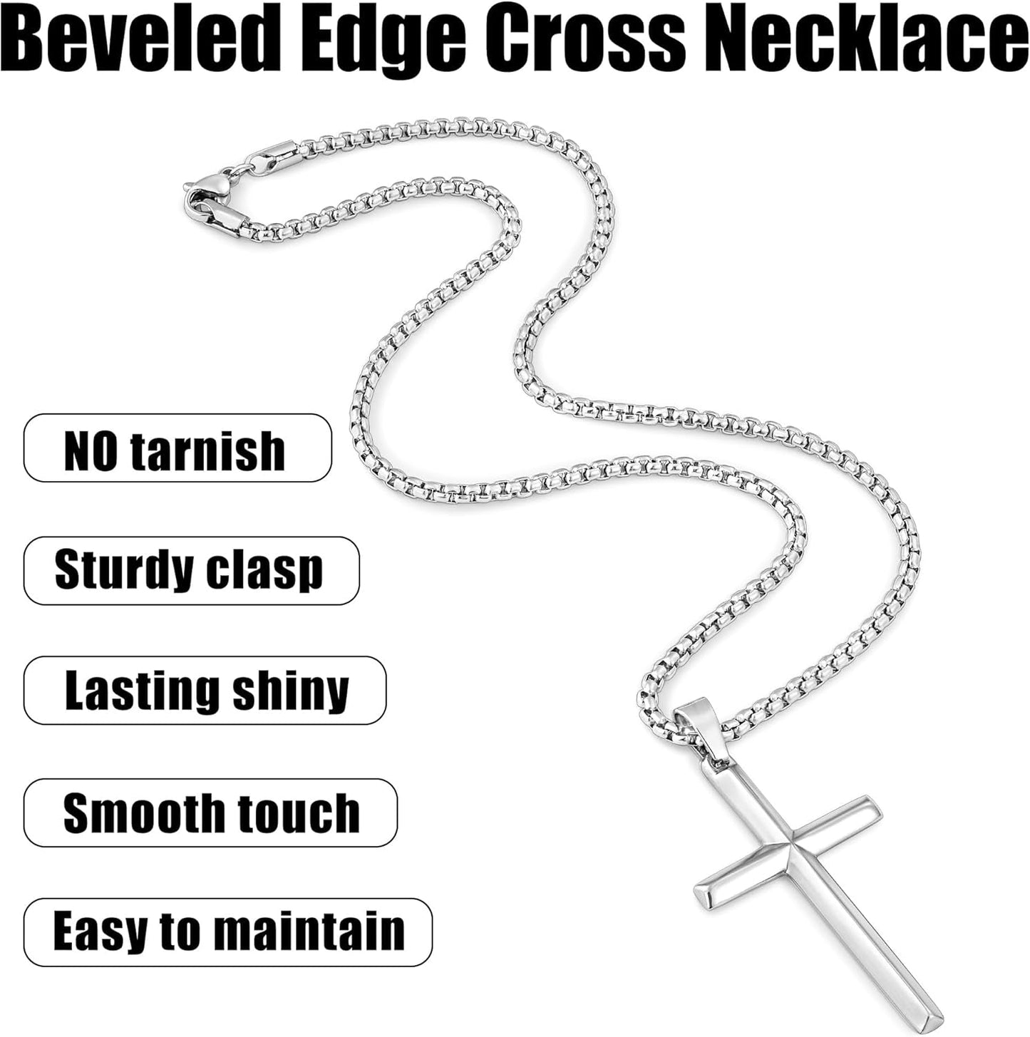Beveled Edge Cross Necklace for Men, Silver Tone/Black/14K Gold Plated Mens Cross Necklace, 2.5MM Stainless Steel Box Chain with Pendant