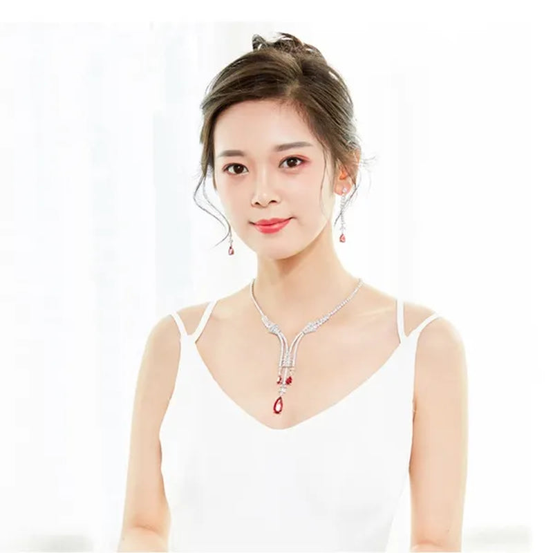Gloriya Noble Wedding Banquet Jewelry Set Dress Accessories Full CZ with Red Water Drop Gemstones Long Tassel Dangle Earrings and Choker Necklace Sets for Ladies