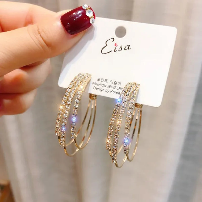 Plated Silver Needle and Diamond Circle Earrings Female Korean Temperament Personality Hoop Earrings Korean Trend Multi-Layer Earrings