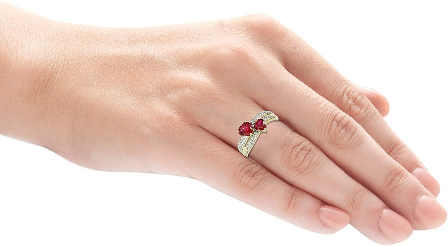 10K Gold Rhodium Plated Ruby Heart Promise Women Rings with Diamond Stone Accents - Premium Double Band Pre Engagement Rings for Women, Exquisite Romantic Love Gift Size 7