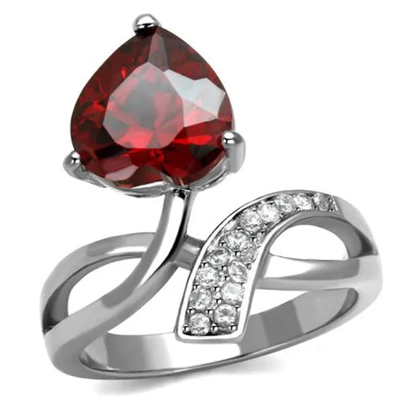 3.22 Ct Heart Shape Garnet Color Cz Stainless Steel Fashion Ring Women's Size 5-10