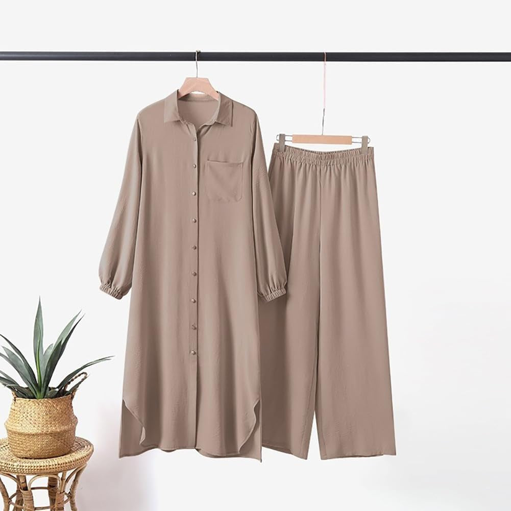 Women'S Muslim 2 Pieces Sets Long Sleeve Button down Shirt and Pants Abaya Casual Dress Dubai Outfits - WORLD TIME VISITS