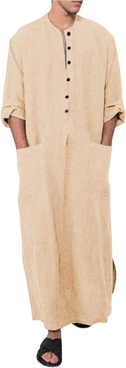 Men'S Kaftan Thobe Long Sleeve Muslim Robe Button up Side Split Kaftan Thobe with Pockets