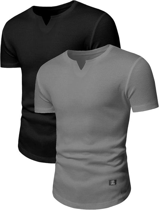 Mens Muscle T Shirts V Neck Short Sleeve Henley Shirt Hipster Longline Gym Workout Athletic Tee Shirts