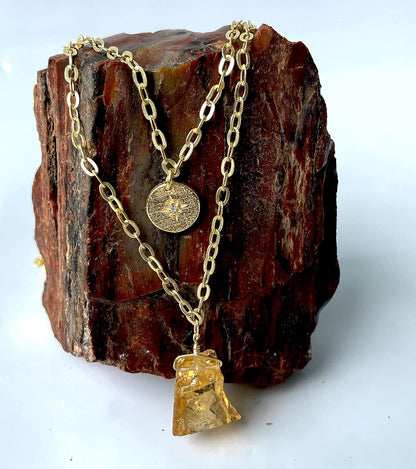 ALPHA® Raw Citrine Necklace with CZ Charm Pendant, Women Jewelry Rough Dainty Jewelry