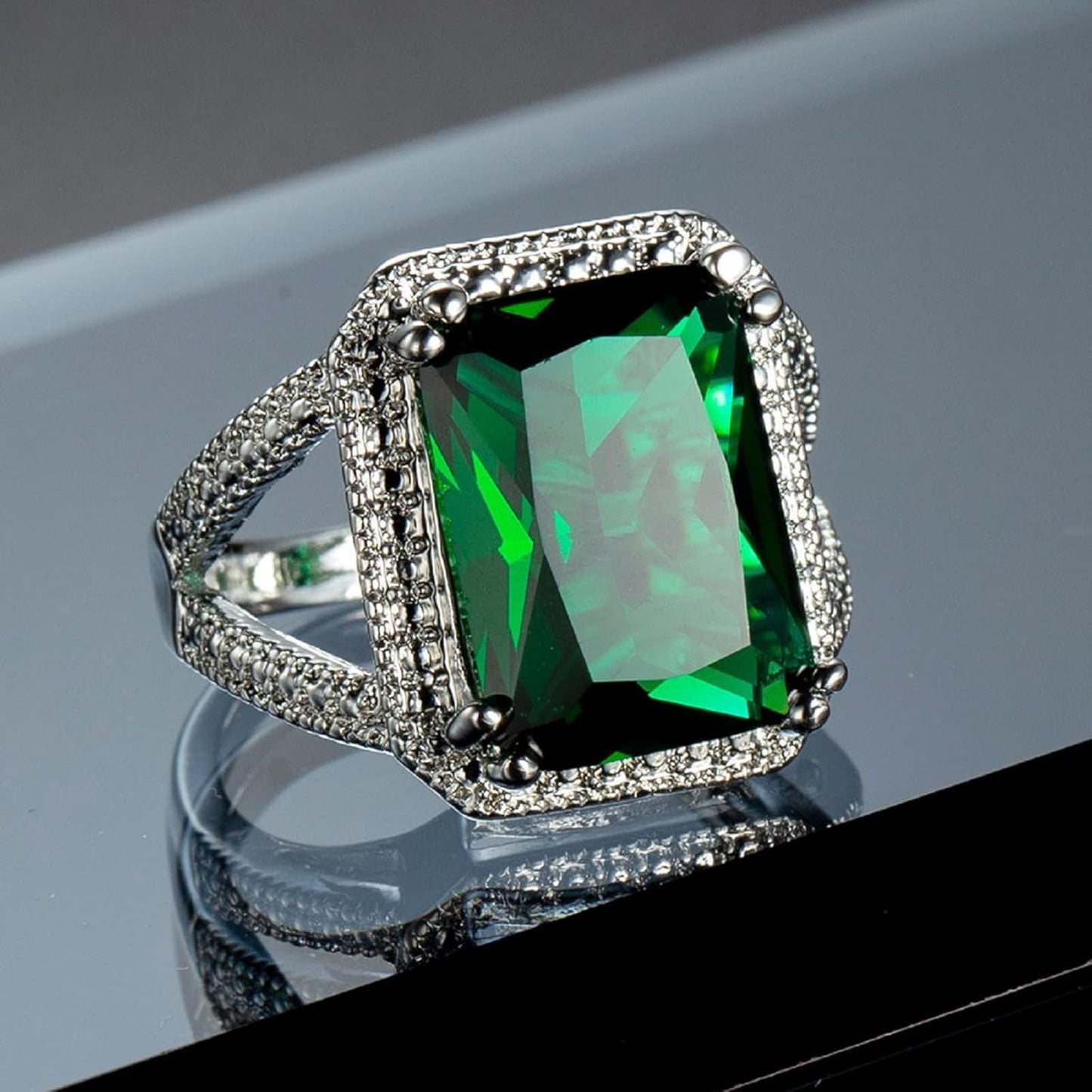 Emerald Halo 925 Sterling Silver Emerald Ring Cocktail Rings Square Cut Green Gem Cubic Zirconia Anniversary Promise Ring CZ Eternity Engagement Wedding Band Ring for Women (7)