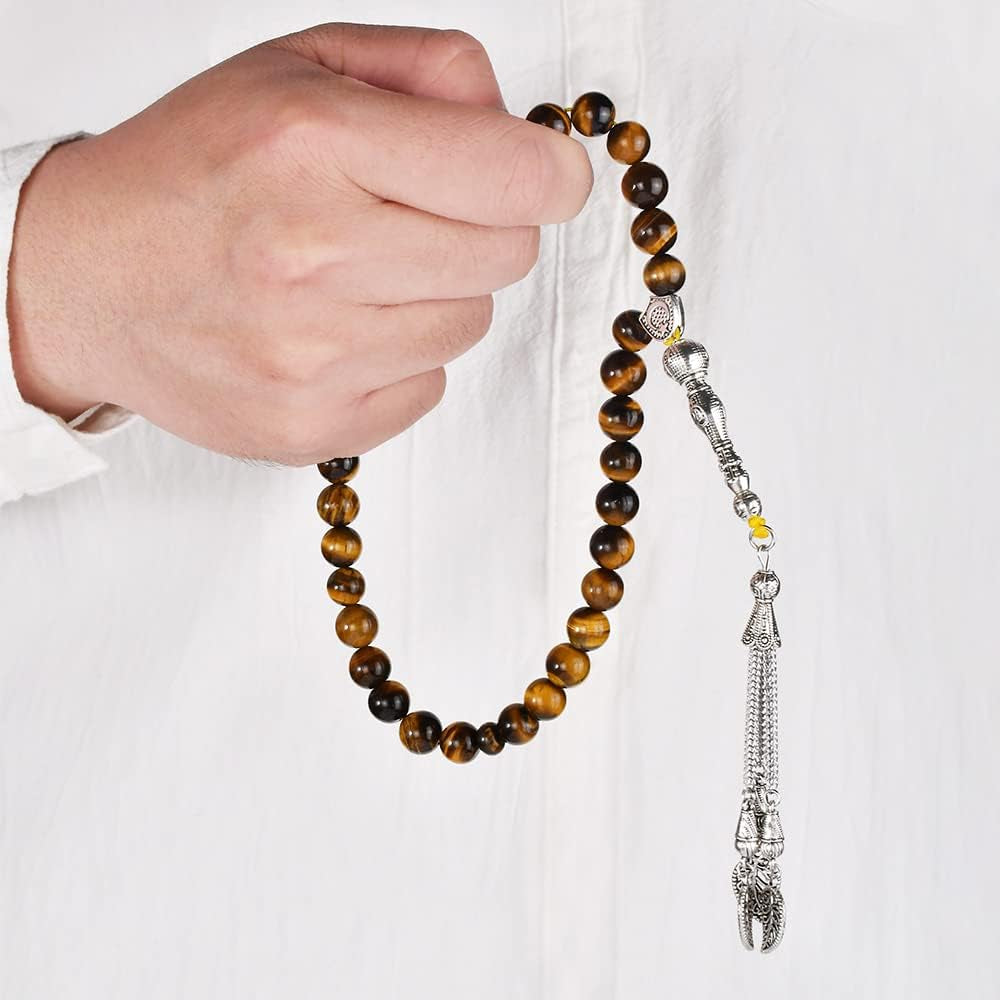 Tasbih Prayer Beads Tiger Eye Stone (33 Beads - 10 Mm) - Muslim Rosary - Masbaha Finger Counter - Zikr, Dhikr Subha - Chapelet - Tasbeeh - Islamic Misbaha - Handmade Sibha - Ramadan Gift