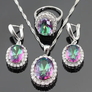 Huge round 925 Sterling Silver Jewelry Sets Multicolor Rainbow Topaz White Topaz Necklace Pendant Drop Earrings Ring for Women Free Gift Box