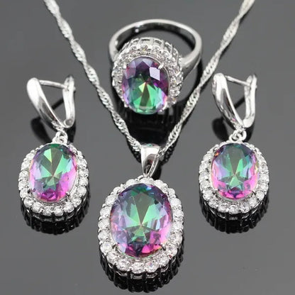 Huge round 925 Sterling Silver Jewelry Sets Multicolor Rainbow Topaz White Topaz Necklace Pendant Drop Earrings Ring for Women Free Gift Box