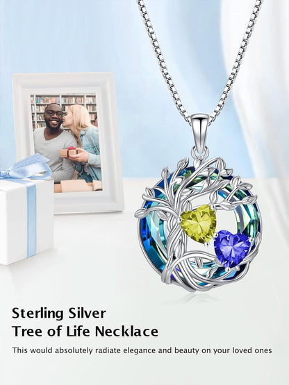 Mothers Day Gifts for Women 925 Sterling Silver Family Tree of Life Pendant Necklaces with 2 Heart Birthstone with Blue round Austrian Crystal Jewelry Birthday Anniversary Christmas Gifts for Her Wife Girlfriend Mom (18K Real White Gold Filled)
