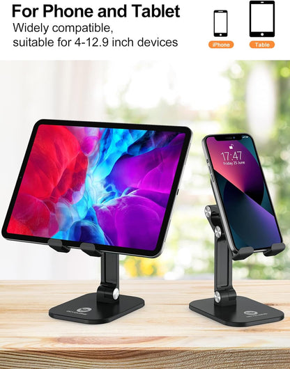 Phone Stand, Adjustable Height and Angle Cell Phone Stand for Desk Foldable Holder, Taller Iphone Stand Compatible 4-11 Inch All Mobile Phone/Ipad/Tablet - Black