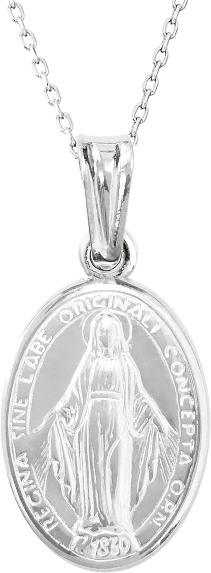 Italian Sterling Silver Miraculous Virgin Mary Medal Latin Prayer Charm Pendant Necklace(12Mm, 15Mm, 19Mm)