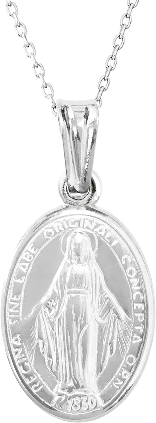 Italian Sterling Silver Miraculous Virgin Mary Medal Latin Prayer Charm Pendant Necklace(12Mm, 15Mm, 19Mm)