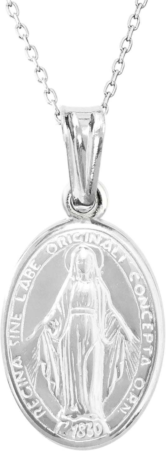 Italian Sterling Silver Miraculous Virgin Mary Medal Latin Prayer Charm Pendant Necklace(12Mm, 15Mm, 19Mm) - WORLD TIME VISITS