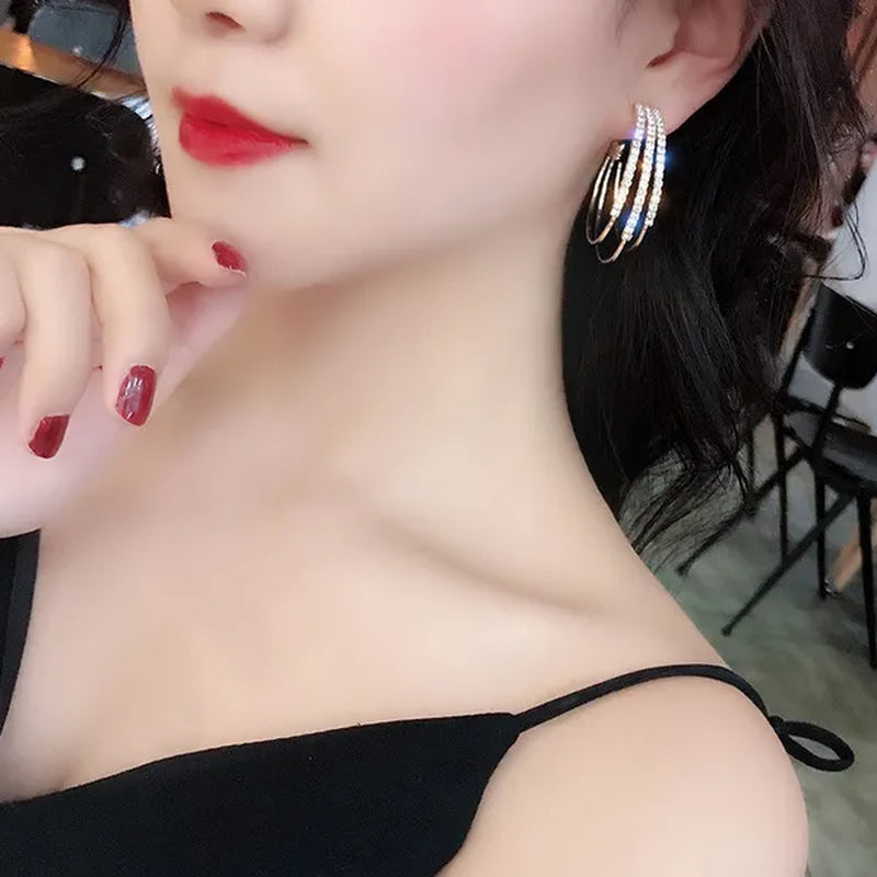 Plated Silver Needle and Diamond Circle Earrings Female Korean Temperament Personality Hoop Earrings Korean Trend Multi-Layer Earrings