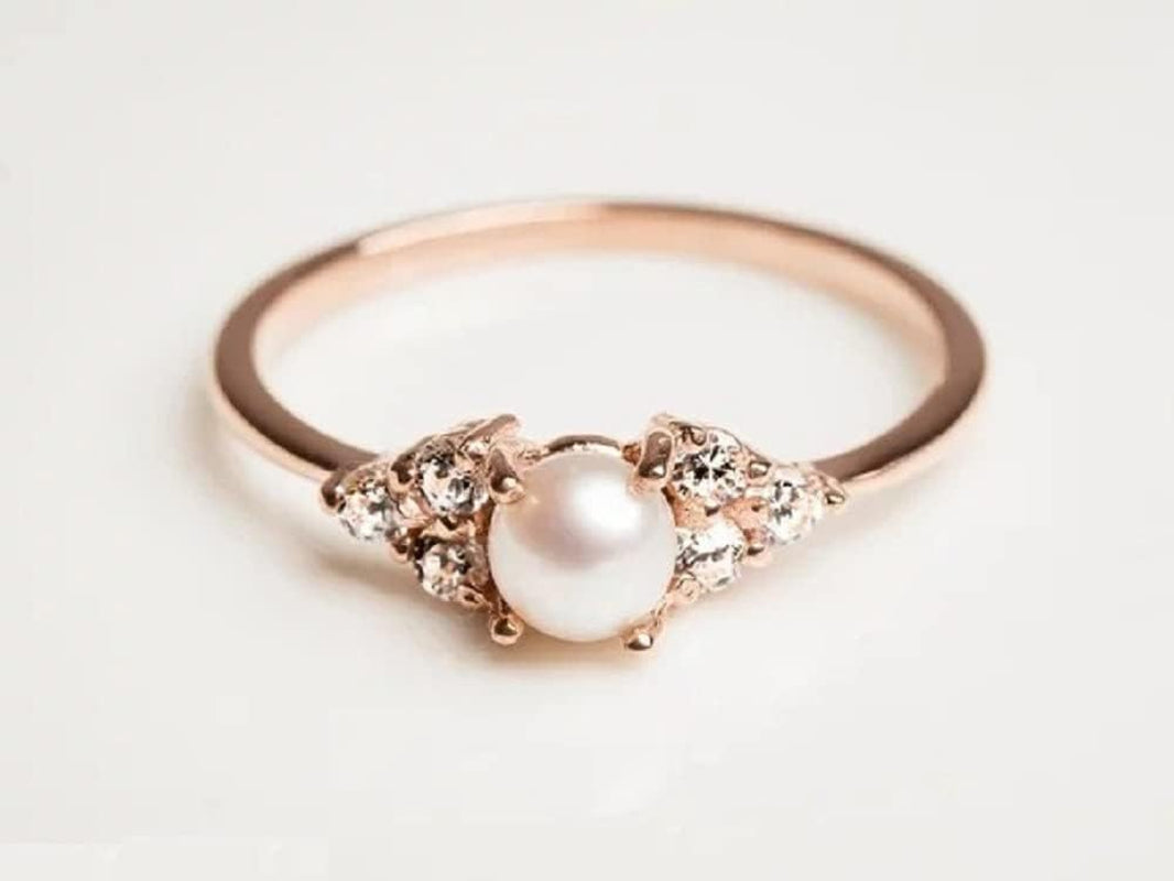 925 Sterling Rose Silver Fresh Water Tiny Pearl Imbue Diamond Close Dainty Simple Design Ring Handmade Polishing Crafted Hypoallergenic Charm Ring Jewelry Elegant Prom Party Size 7