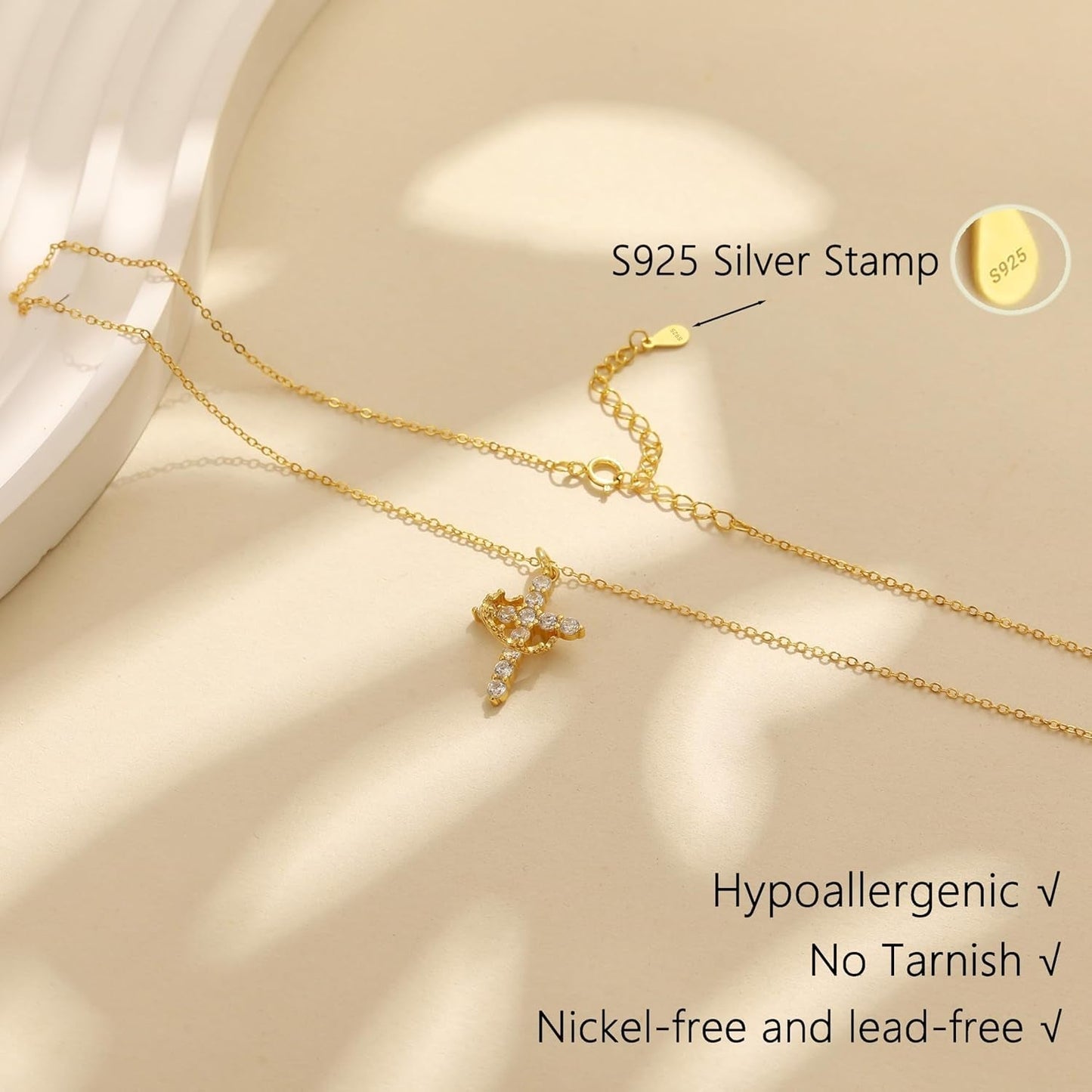 925 Sterling Silver Cross with Crown Necklace for Women 14K Gold Plated Cubic Zirconia Crucifix Pendant Necklaces Adjustable Choker Necklace Baptism Religious Christian Faith Jewelry Easter Gifts