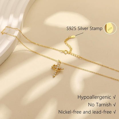 925 Sterling Silver Cross with Crown Necklace for Women 14K Gold Plated Cubic Zirconia Crucifix Pendant Necklaces Adjustable Choker Necklace Baptism Religious Christian Faith Jewelry Easter Gifts
