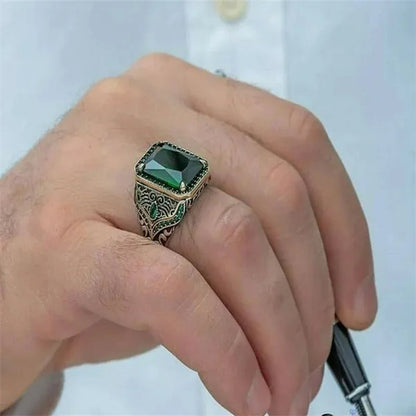 Ring Men's Retro Ethnic Texture Inlaid Large Grain Sapphire, Ruby, Black Gem, Emerald Ring, Domineering Fashion Jewelry Accessories, Father's Day Boyfriend Memorial Day Gift, Party Business Casual Jewelry