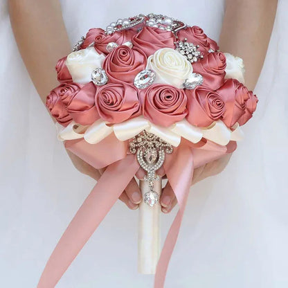 Exquisitely Handmade Ribbon Diamond Bridesmaids Holding Flowers 21CM Pearl Rhinestone Brooch Bridal Bouquet Artificial Silk Rose Wedding Flower Bouquet