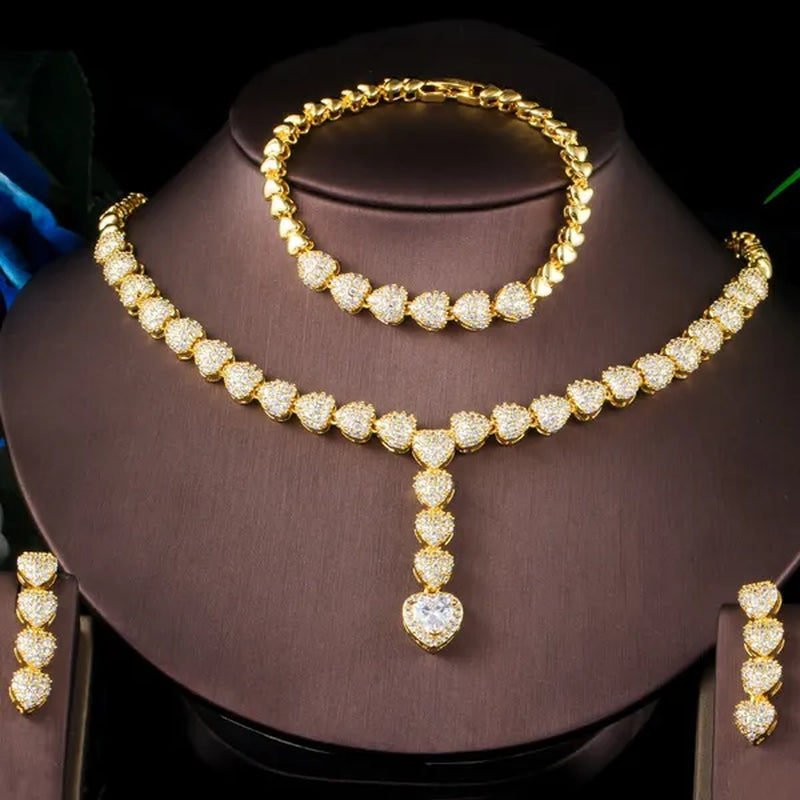 CANDICE Romantic Heart Charm Drop Necklace Earrings Bracelet Set with Cubic Zirconia Gold Filled Women Ethiopian Jewelry Set for Banquet Party