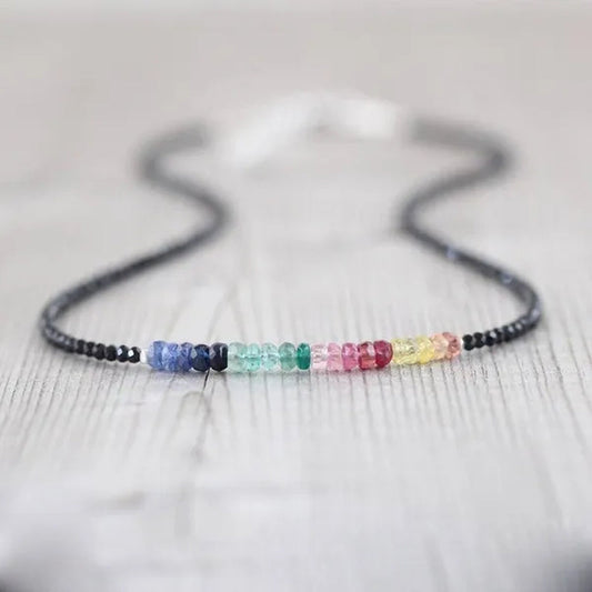 Sapphire, Ruby, Emerald & Black Spinel Necklace. Sterling Silver, Rose, Gold Filled. Dainty Delicate Multi Color Gemstone Choker for Women