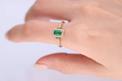 10K Yellow Gold Natural Zambian Emerald Ring with Natural Diamonds for Women | Ethically, Authentically & Organically Sourced Emerald-Shape Emerald Hand-Crafted Jewelry for Her | Emerald Ring for Women
