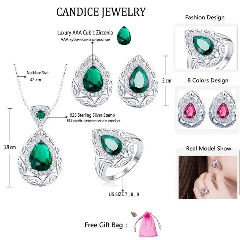 CANDICE Elegant Stamp Sterling Silver Plated Women Jewelry Set Pear Drop Red Cubic Zirconia Necklace Earring Ring 3Pcs Sets - WORLD TIME VISITS