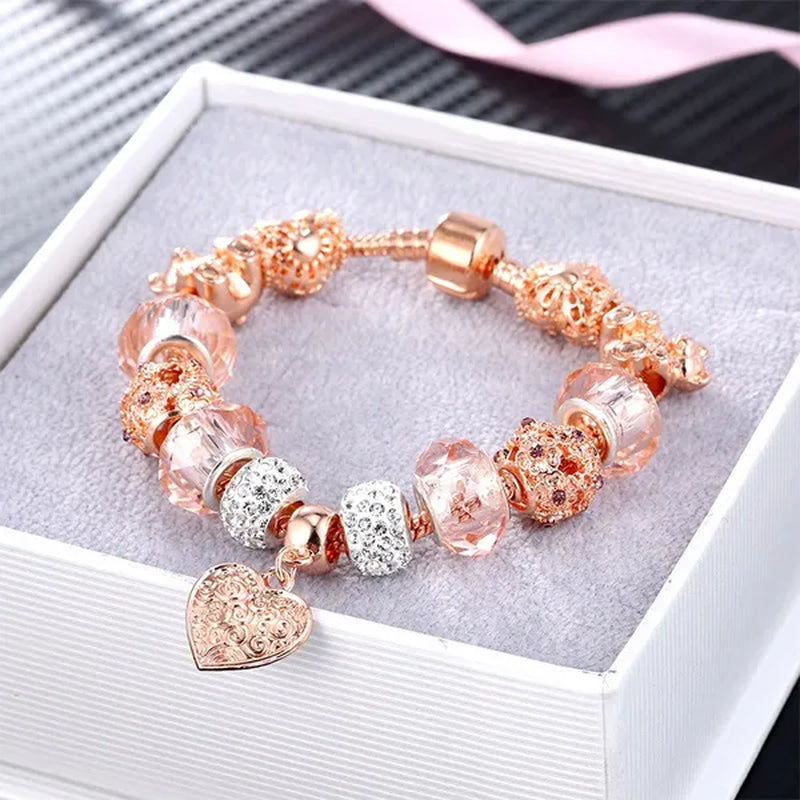 Rose Gold Heart-Shaped Charm Bracelets Fashion Jewelry Beaded Bracelet Birthday Christmas Gifts For Girl Women