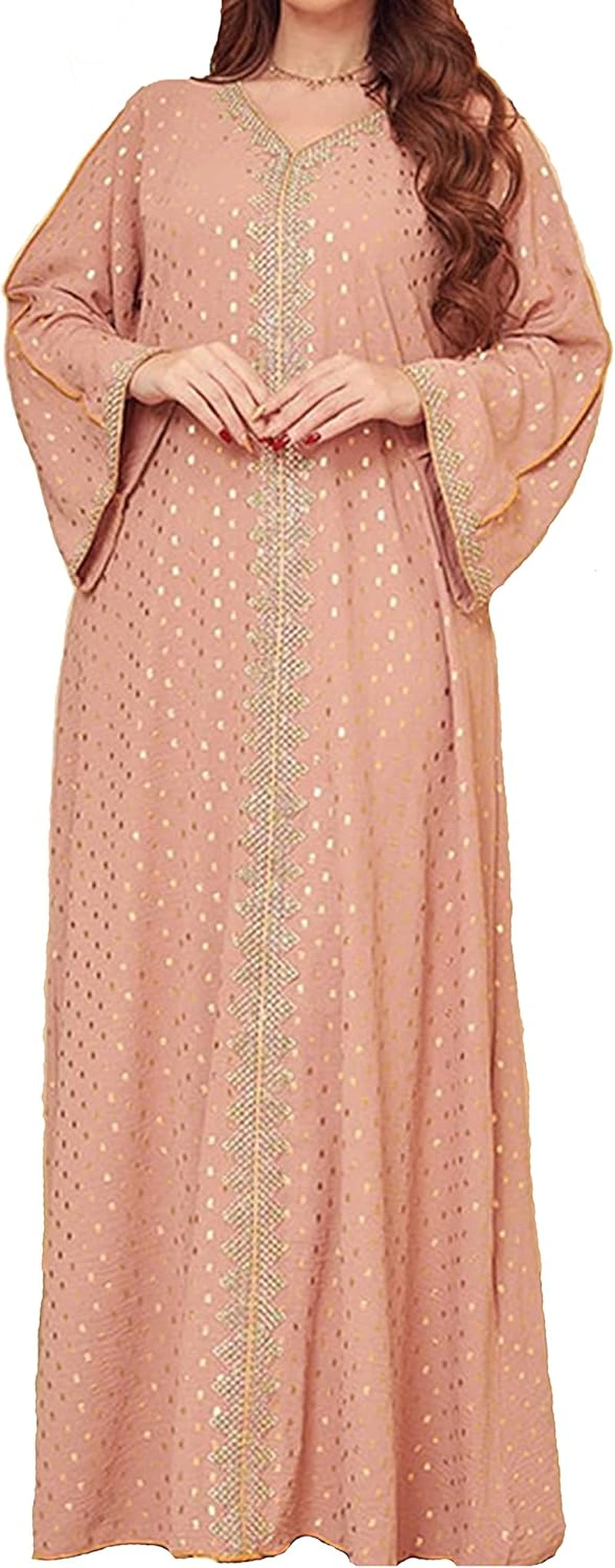 Women'S Muslim Abaya Dress V Neck Bronzing Long Sleeves Elegant Prayer Wear Daily Casual Dress - WORLD TIME VISITS