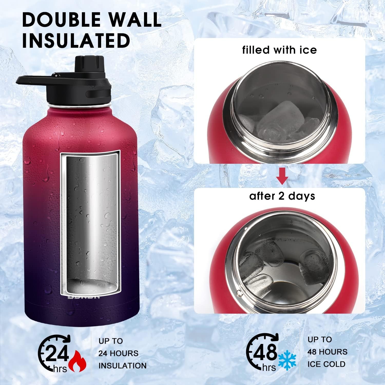 64 Oz Insulated Water Bottle with Straw & Paracord Handles & 2 Lids, Leak Proof Metal Water Jug, Hot Cold Stainless Steel Thermal Water Bottles, Half Gallon Large Water Flask for Sports, Gym - WORLD TIME VISITS