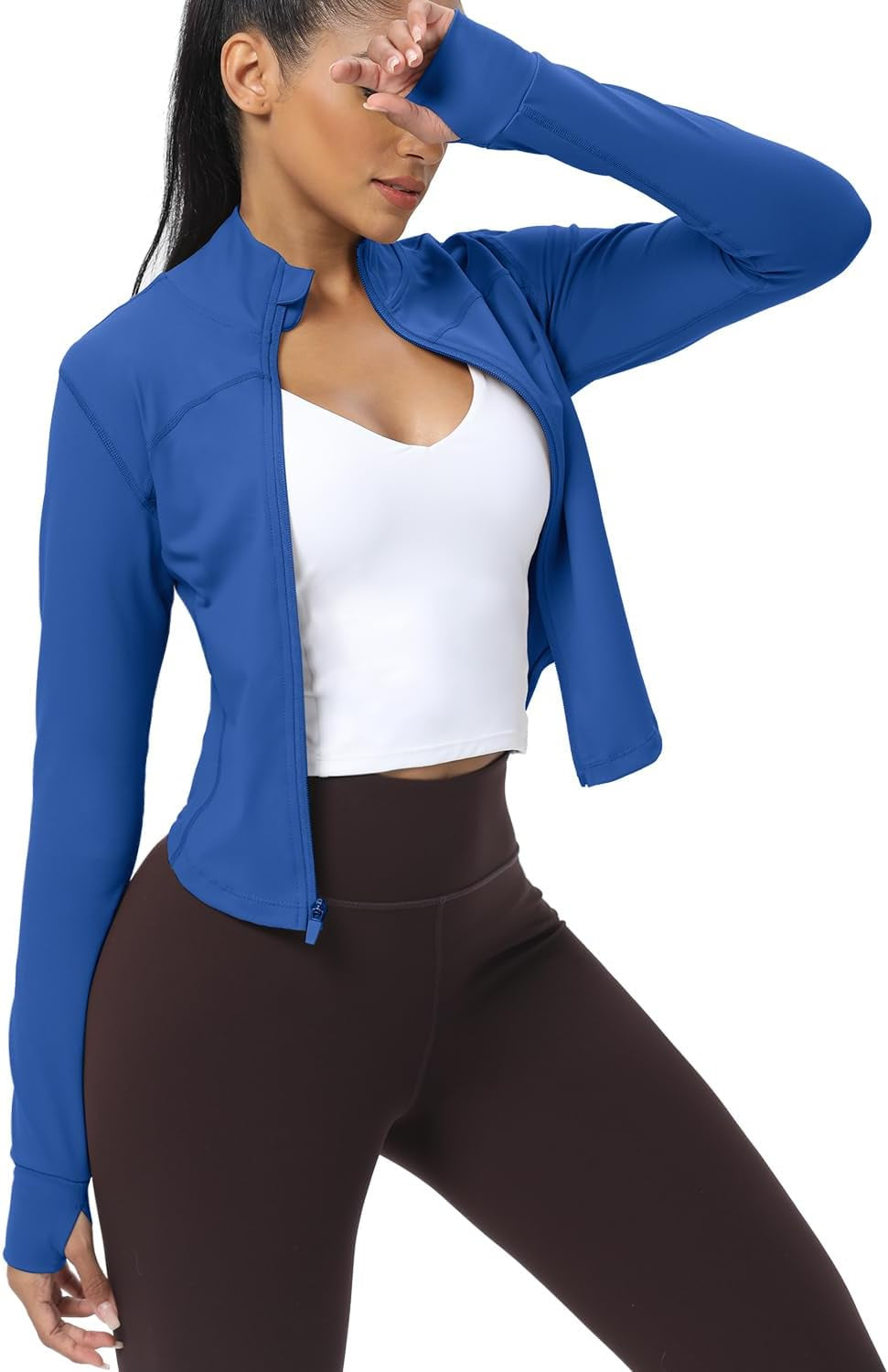 Women'S Cropped Running Workout Jackets Zip Slim Fit Athletic Tops with Thumb Holes