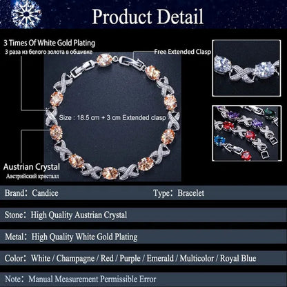 CANDICE Trendy White Gold Plated X Design Tennis Bracelet Pave CZ Connect Oval Multicolor Crystals Stylish Bangle Jewelry for Women Banquet Party Accessories