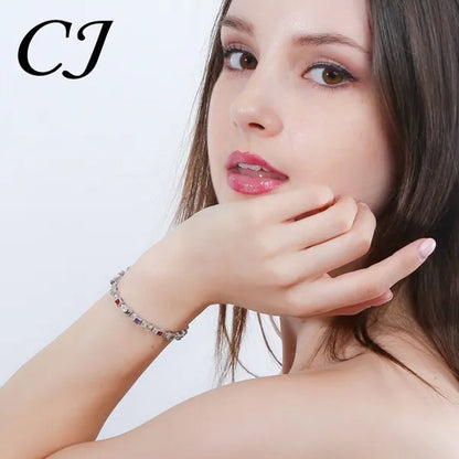 CANDICE Brilliant Square Multicolor Cubic Zirconia Crystal Pave Sterling Silver Plated Fashion Tennis Bracelet for Women Summer Jewelry