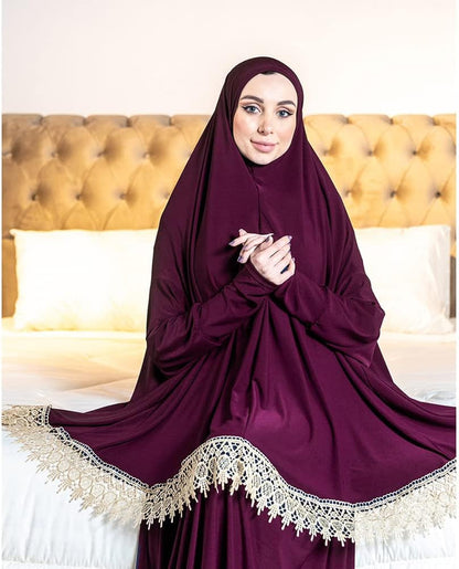 Women'S Prayer Dress 2 Pieces Lycra Solid Color plus Long Sleeve | One-Size | Hijab Abaya Suit