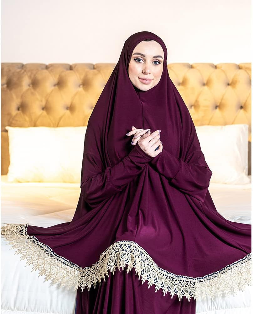 Women'S Prayer Dress 2 Pieces Lycra Solid Color plus Long Sleeve | One-Size | Hijab Abaya Suit