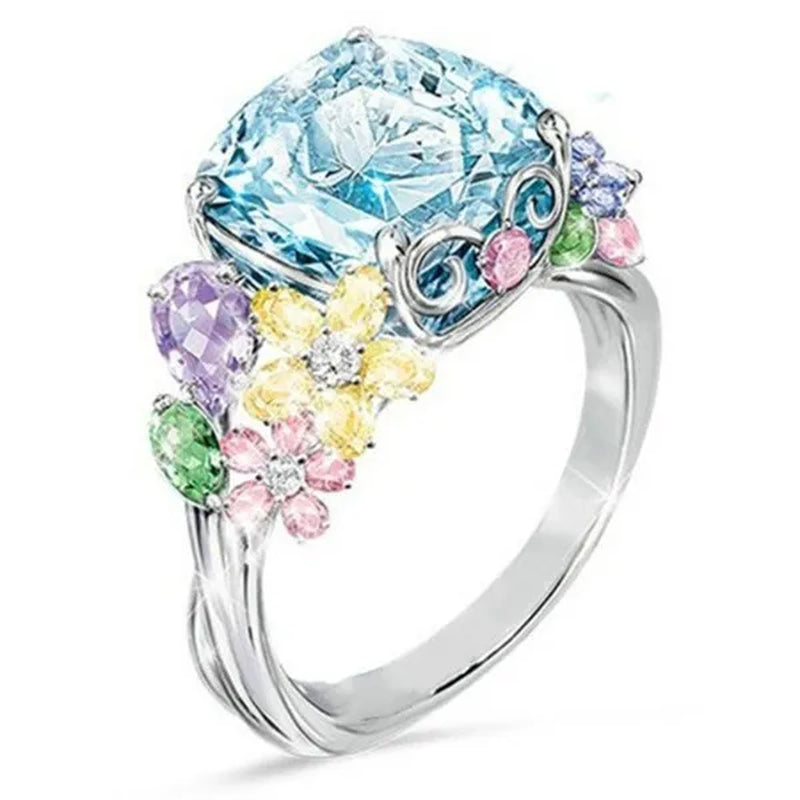 Unique Flower Silver Multicolor Gemstone Aquamarine Square Princess Ring Woman Engagement Ring Anniversary Statement Natural Gemstones Pink Sapphire Ring