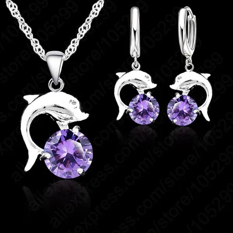 Hot Sale Cute Lovely Dolphin Lever Back Earring Necklace Sets, 925 Sterling Silver White Gold Plated With Crystal Woman Wedding Jewelry
