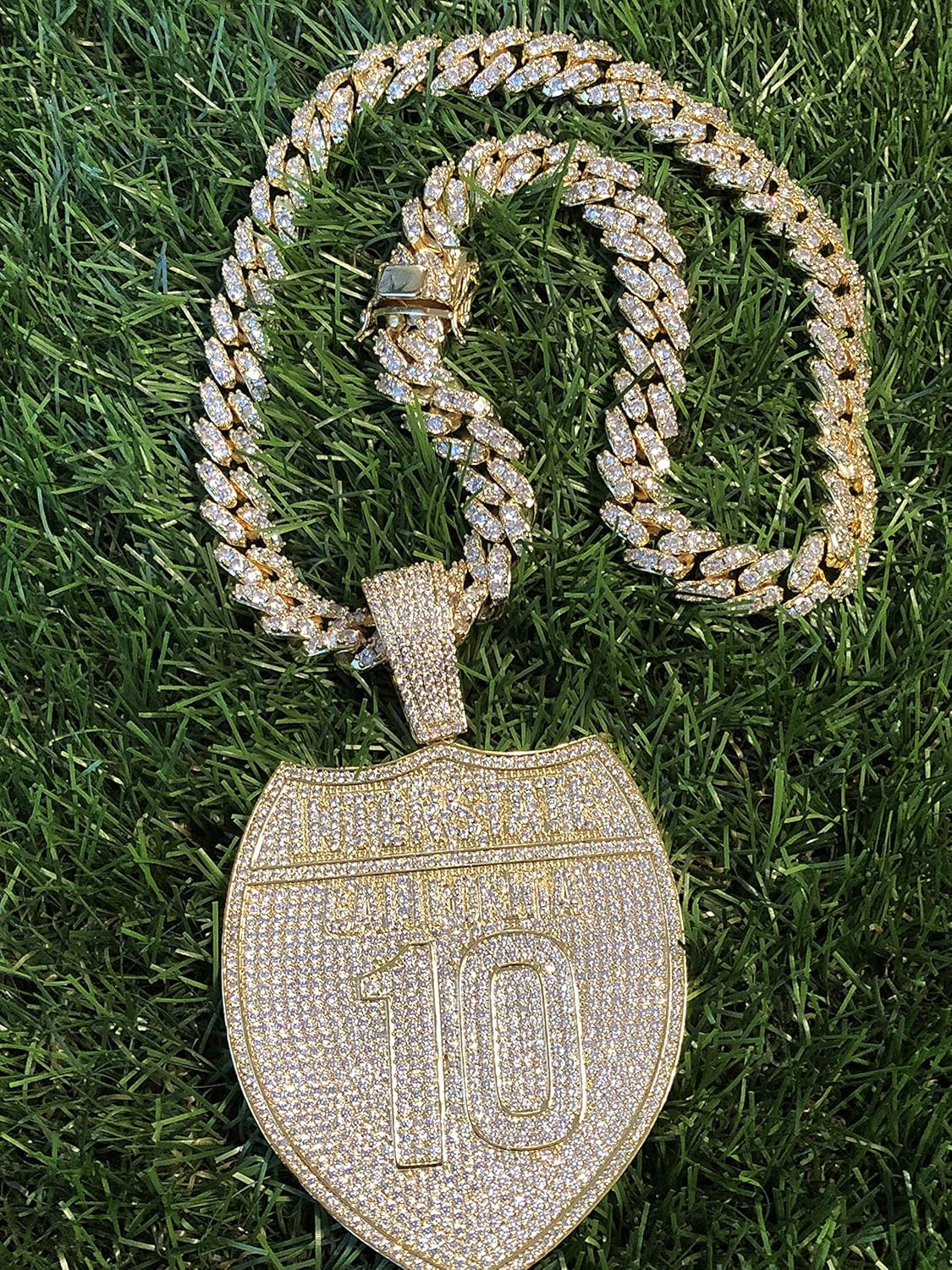 Mens 14K Gold Finish 13Mm Miami Cuban Link Chain Choker Freeway I10 Street California Necklace Iced Prong Set Cuban Chain for Men, Miami Cuban Link Chain Choker Necklace (18" Chain & Pendant)
