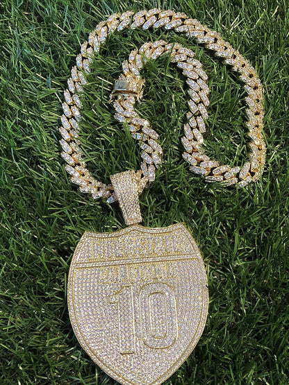 Mens 14K Gold Finish 13Mm Miami Cuban Link Chain Choker Freeway I10 Street California Necklace Iced Prong Set Cuban Chain for Men, Miami Cuban Link Chain Choker Necklace (18" Chain & Pendant)